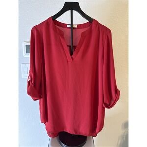 Chaus New York  Women's 3/4 Sleeve V-Neck Blouse Red Size L